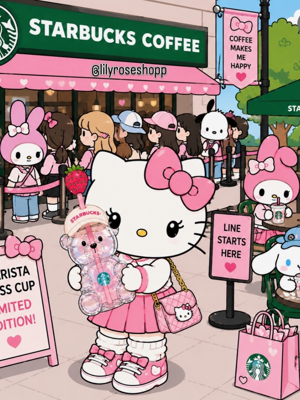 Starbucks Hello Kitty Pink Kawaii Bear Cup Graphic